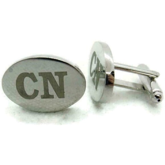 "CN" Monogram Cufflinks Bullet Oval 1" x 1/2" Silver Tone Tux Wedding Shirt - Picture 1 of 5